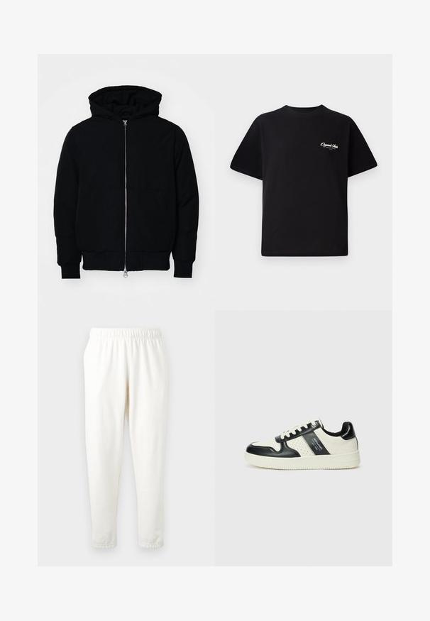 Black hooded jacket with front zipper, kangaroo pocket, ribbed cuffs, and hem, displayed on a plain white background.; Black cotton t-shirt featuring a crew neckline, short sleeves, and small white logo text on the left chest. Simple design, classic fit.; Elastic-waist cream-colored sweatpants with tapered legs, made of soft material. Features a smooth texture and no visible patterns or accents.; Leather sneakers with a black and cream color scheme, featuring perforated accents, a padded collar, and a textured outsole.