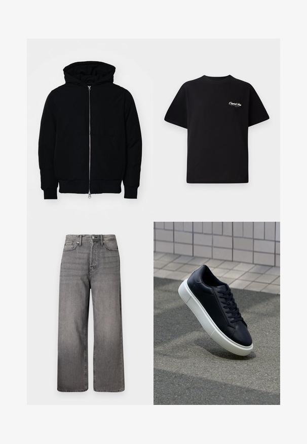 Črna kapuca jakna s sprednjim zadrgo, kenguru žepom, rebrastimi manšetami in hemom, razstavljena na enostavni beli ozadju.; Črna bombažna majica s krožno ovratnikom, kratkimi rokavi in majhnim belim logotipom na levem prsnem delu. Preprost dizajn, klasičen kroj.; Široke kavbojke iz bledega črnega denima. Imajo pet žepov, zadrgo in kovinski gumb. Unikatna tekstura z rahlimi barvnimi odstopanji.; Črne usnjene superge z zaobljenim prstom in belim gumijastim podplat. Imajo ravne vezalke in minimalno šivanje na zgornjem delu. Teksturirani podplat za oprijem.