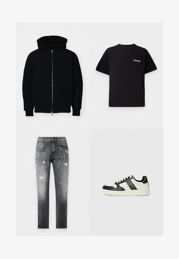 Black hooded jacket with front zipper, kangaroo pocket, ribbed cuffs, and hem, displayed on a plain white background.; Black cotton t-shirt featuring a crew neckline, short sleeves, and small white logo text on the left chest. Simple design, classic fit.; Faded black denim jeans with distressed patches. Features five pockets, a button fly, and a straight-leg design.; Leather sneakers with a black and cream color scheme, featuring perforated accents, a padded collar, and a textured outsole.