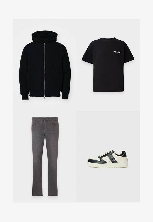 Sort hættejakke med frontlynlås, kængurulomme, ribbede manchetter og kant, præsenteret på en ensfarvet hvid baggrund.; Sort bomulds T-shirt med rund halsudskæring, korte ærmer og lille hvid logo tekst på venstre bryst. Enkel design, klassisk pasform.; Herre slim-fit grå jeans med forlommer, bæltestropper og knaplukning på en hvid baggrund.; Lædersneakers i sort og creme farveskema, med perforerede detaljer, en polstret krave og en struktureret ydersål.