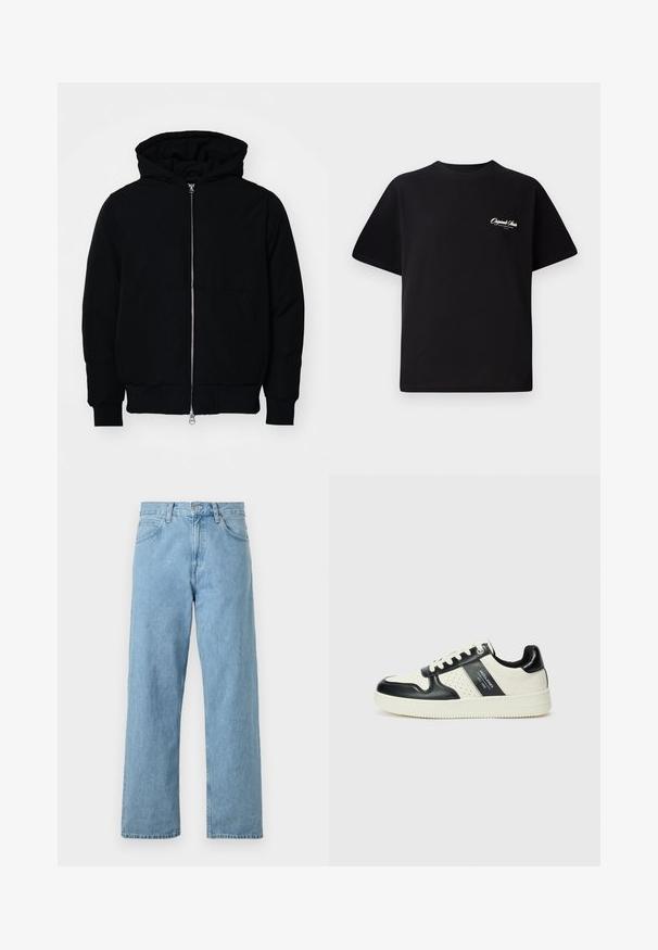 Black hooded jacket with front zipper, kangaroo pocket, ribbed cuffs, and hem, displayed on a plain white background.; Black cotton t-shirt featuring a crew neckline, short sleeves, and small white logo text on the left chest. Simple design, classic fit.; Light blue denim jeans with a straight leg design, five pockets, button and zipper closure, and a slightly faded finish.; Leather sneakers with a black and cream color scheme, featuring perforated accents, a padded collar, and a textured outsole.