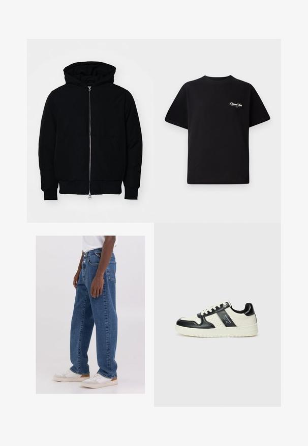 Črna kapuca jakna s sprednjim zadrgo, kenguru žepom, rebrastimi manšetami in hemom, razstavljena na enostavni beli ozadju.; Črna bombažna majica s krožno ovratnikom, kratkimi rokavi in majhnim belim logotipom na levem prsnem delu. Preprost dizajn, klasičen kroj.; Svijetloplave traperice s ležernim krojem, dizajnom s pet džepova i dugmetima, uparen s jednostavnom bijelom majicom i bijelim tenisicama.; Usnjeni športni čevlji z črno in krem barvno shemo, ki vključujejo perforirane dodatke, podložen ovratnik in strukturirano podplat.