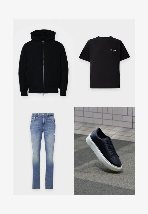 Juodas gobtuvėlis su priekiniu užtrauktuku, kengūros tipo kišene, lygiais rankogaliais ir apvadu, pateiktas ant vientiso balto fono.; Juodas medvilninis marškinėliai su apvalia kaklo linija, trumpomis rankovėmis ir mažais baltais logotipo raštais kairiajame krūtinės šone. Paprastas dizainas, klasikinio kirpimo.; Šviesiai mėlynos džinsinės kelnės klasikinio kirpimo, su išblukusiu paviršiumi, lengvu pažeidimu, diržo kilpos, penkiomis kišenėmis ir sidabrine furnitūra.; Juodas odinis sportbačius su apvaliu pirštu ir baltu gumuotu padu. Turi plokščias raišteles ir minimalų siuvimą viršuje. Padangos tekstūra užtikrina sukibimą.