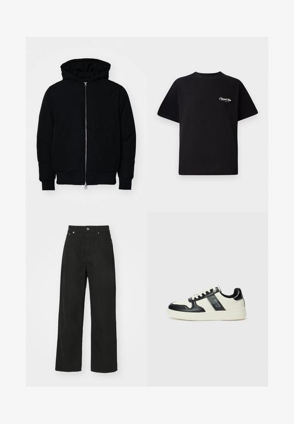 Czarna kurtka z kapturem, z suwakiem z przodu, kieszenią kangurką, ściągaczami przy mankietach i dolnym brzegu, prezentowana na jednolitym białym tle.; Czarny bawełniany t-shirt z okrągłym dekoltem, krótkimi rękawami i małym białym logo na lewej piersi. Prosty design, klasyczny krój.; Czarne dżinsy o prostym kroju, z pięcioma kieszeniami, zapięciem na guzik i klasycznym pasem. Gładka tekstura.; Skórzane sneakersy w czarno-kremowym schemacie kolorystycznym, z perforowanymi akcentami, wyściełanym kołnierzem i teksturowaną podeszwą.