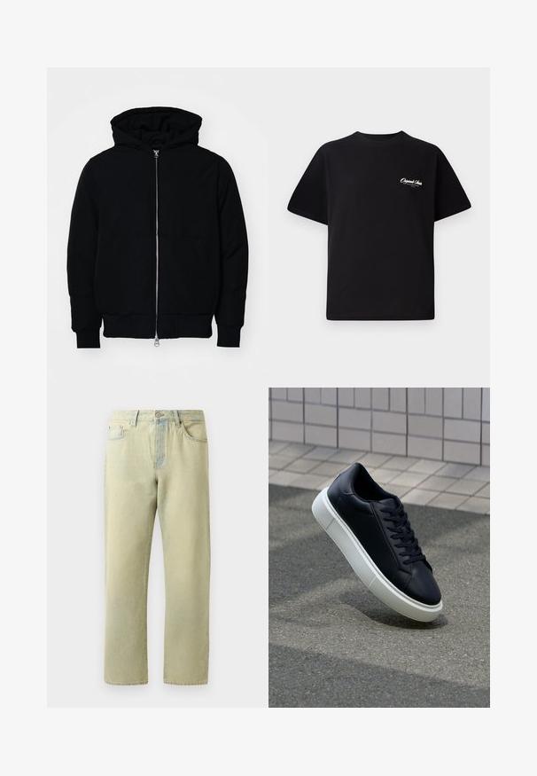 Mustaga kapuutsiga jakk, millel on esineed, kenguru tasku, soonikkoes, ja alläär, esitatud lihtsal valgel taustal.; Must mustrüst t-särk, millel on ümar kaelus, lühikesed varrukad ja väike valge logo tekst vasakul rinnal. Lihtne disain, klassikaline sobivus.; Heledad kollane teksapüksid sirge säärega, viie taskuga ja peene kulumisega. Omab metallist nööbid ja vöökohad.; Mustast nahast tennisetoss, millel on ümar nina ja valge kummist tall. Omab siredaid paelu ja minimaalset õmblemist ülemises osas. Tekstuuriga tald, mis tagab haakuvuse.