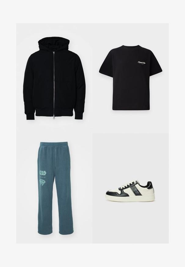 Schwarze Kapuzenjacke mit Frontreißverschluss, Kängurutasche, gerippten Bündchen und Saum, auf einem schlichten weißen Hintergrund präsentiert.; Schwarzes Baumwoll-T-Shirt mit Rundhalsausschnitt, kurzen Ärmeln und kleinem weißen Logotext auf der linken Brust. Schlichtes Design, klassischer Schnitt.; Teal Baumwoll-Sweatpants mit einem elastischen Bund. Mit einem "Star Wars"-Grafik und einem Design, das dem Millennium Falcon auf dem linken Bein ähnelt.; Leder-Sneaker in Schwarz- und Cremetönen, mit perforierten Akzenten, einem gepolsterten Kragen und einer strukturierten Laufsohle.