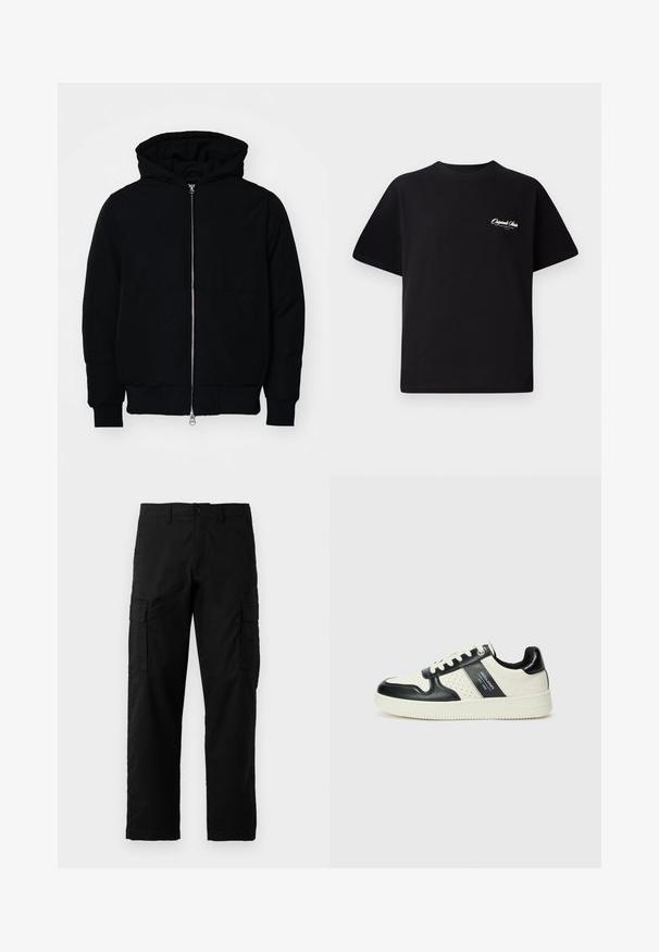 Juodas gobtuvėlis su priekiniu užtrauktuku, kengūros tipo kišene, lygiais rankogaliais ir apvadu, pateiktas ant vientiso balto fono.; Juodas medvilninis marškinėliai su apvalia kaklo linija, trumpomis rankovėmis ir mažais baltais logotipo raštais kairiajame krūtinės šone. Paprastas dizainas, klasikinio kirpimo.; Juodos cargo kelnės, pagamintos iš patvarios medžiagos, su šoninėmis kišenėmis, tiesiu kirpimu ir mygtukiniu užsegimu juosmenyje.; Odiniai sportbačiai juodos ir kreminės spalvų schemoje, su perforuotais akcentais, paminkštinta apykakle ir tekstūruotu padu.