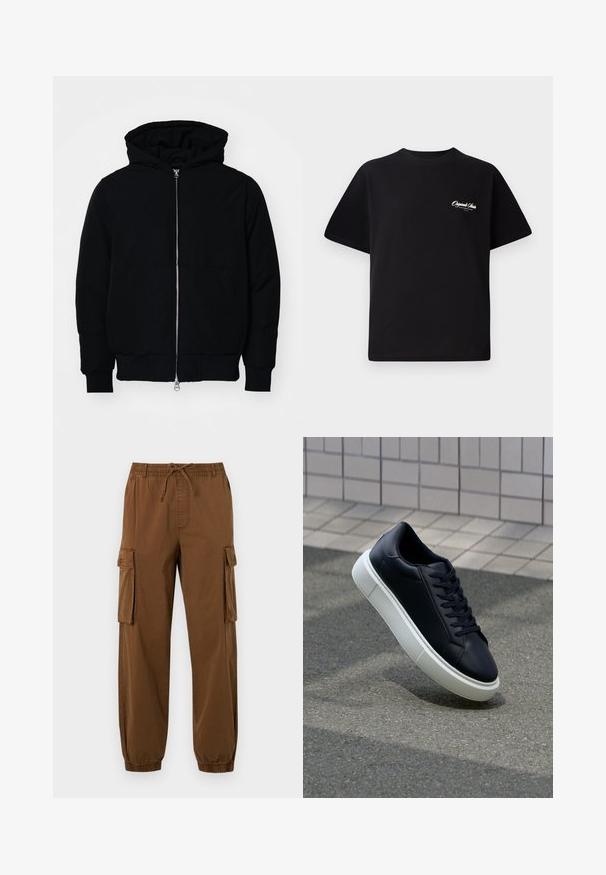 Černá kapucňová bunda s předním zipem, klokaní kapsou, vroubkovanými manžetami a spodním lemem, vystavená na čistém bílém pozadí.; Černé bavlněné tričko s kulatým výstřihem, krátkými rukávy a malým bílým logem na levé straně hrudi. Jednoduchý design, klasický střih.; Hnědé cargo kalhoty vyrobené z lehkého materiálu, s elastickým pasem na šňůrku, bočními kapsami a zúženými manžetami.; Černé kožené tenisky s kulatou špičkou a bílou gumovou podrážkou. mají ploché tkaničky a minimální šití na svršku. Texturovaná podrážka pro lepší přilnavost.