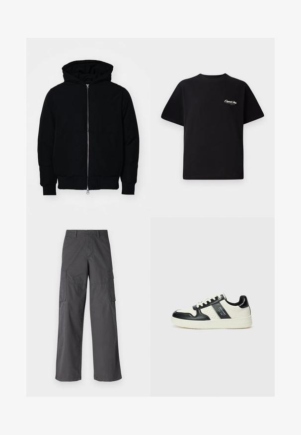 Sort hættejakke med frontlynlås, kængurulomme, ribbede manchetter og kant, præsenteret på en ensfarvet hvid baggrund.; Sort bomulds T-shirt med rund halsudskæring, korte ærmer og lille hvid logo tekst på venstre bryst. Enkel design, klassisk pasform.; Jack & Jones JJKNOCKOUT WIDE FIT - Cargobukser - asphalt; Lædersneakers i sort og creme farveskema, med perforerede detaljer, en polstret krave og en struktureret ydersål.