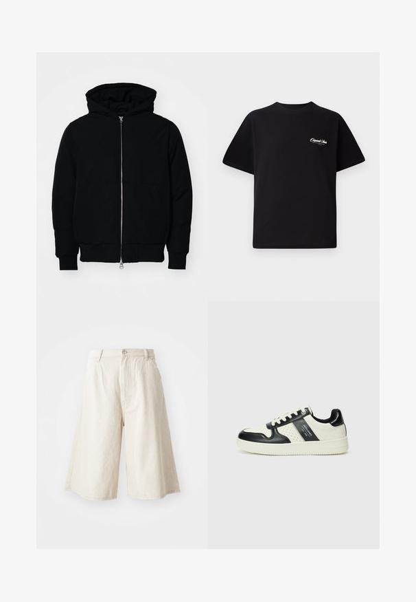 Crna kapuška jakna s prednjim zatvaračem, kenguru džepom, rebrastim manžetama i rubom, prikazana na običnoj bijeloj pozadini.; Crna pamučna majica s okruglim izrezom, kratkim rukavima i malim bijelim logotipom s lijeve strane na prsima. Jednostavan dizajn, klasičan kroj.; Bež kratke hlače širokog kroja od pamuka, s ravnim krojem, prednjim džepovima i vidljivim dugmetom za zatvaranje u struku.; Kožne tenisice s crno-bijelom paletom boja, koje imaju perforirane akcentne detalje, podstavljeni ovratnik i teksturiranu potplat.
