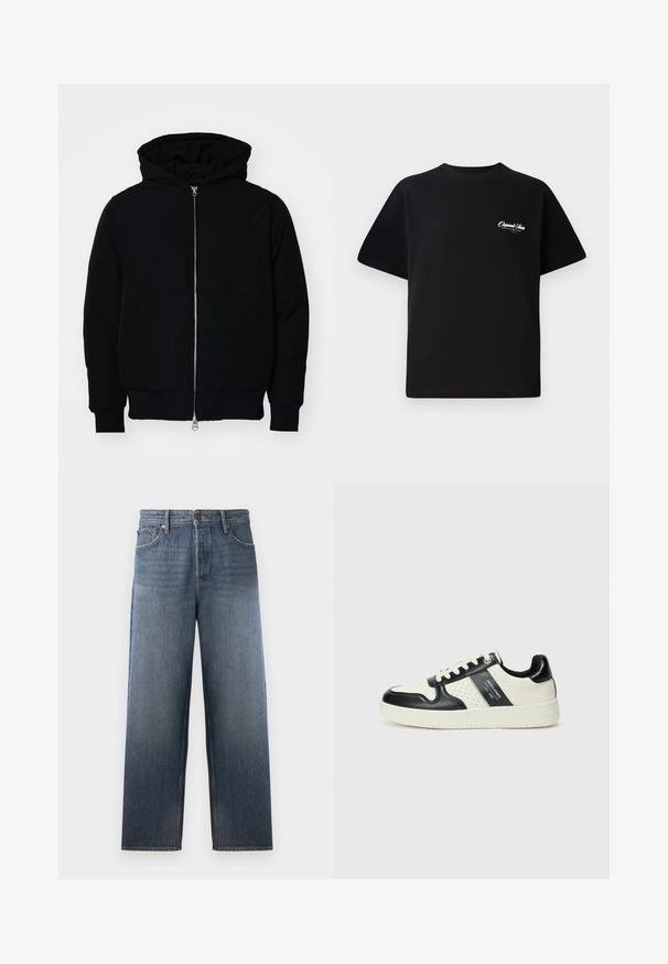 Crna kapuška jakna s prednjim zatvaračem, kenguru džepom, rebrastim manžetama i rubom, prikazana na običnoj bijeloj pozadini.; Crna pamučna majica s okruglim izrezom, kratkim rukavima i malim bijelim logotipom s lijeve strane na prsima. Jednostavan dizajn, klasičan kroj.; Traperice srednje plave boje s ravnim krojem, koje imaju pet džepova, zatvaranje na dugme i patent, te blage efekte izbljeđivanja.; Kožne tenisice s crno-bijelom paletom boja, koje imaju perforirane akcentne detalje, podstavljeni ovratnik i teksturiranu potplat.
