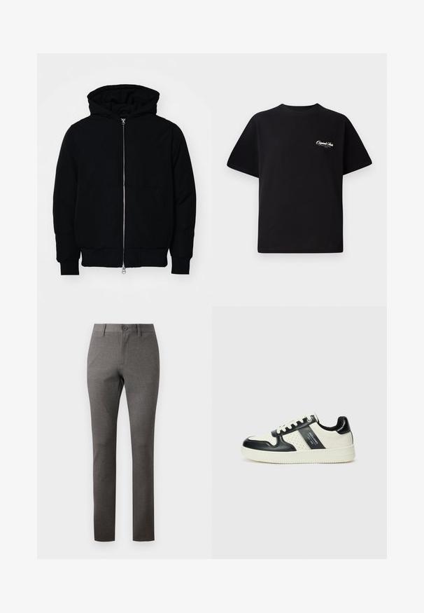 Giacca nera con cappuccio, dotata di zip frontale, tasca a marsupio, polsini e orlo a coste, esposta su uno sfondo bianco semplice.; T-shirt in cotone nero con scollatura rotonda, maniche corte e piccolo testo del logo bianco sul lato sinistro del petto. Design semplice, vestibilità classica.; Pantaloni grigi con tessuto testurizzato, vestibilità dritta, tasche frontali e chiusura con un solo bottone in vita.; Sneakers in pelle con una combinazione di colori nero e crema, dotati di dettagli perforati, collare imbottito e suola testurizzata.