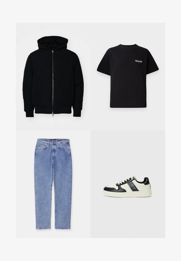 Chaqueta negra con capucha, cierre frontal, bolsillo tipo canguro, y puños y dobladillo acanalados, exhibida sobre un fondo blanco liso.; Camiseta de algodón negra con cuello redondo, mangas cortas y pequeño texto en blanco del logo en el lado izquierdo del pecho. Diseño simple, corte clásico.; Jeans de mezclilla de color azul claro con corte recto, cinco bolsillos y cierre de botón. Presenta un ligero desgaste y costuras de contraste.; Zapatillas de cuero con un esquema de colores negro y crema, que cuentan con acentos perforados, un collar acolchado y una suela texturizada.