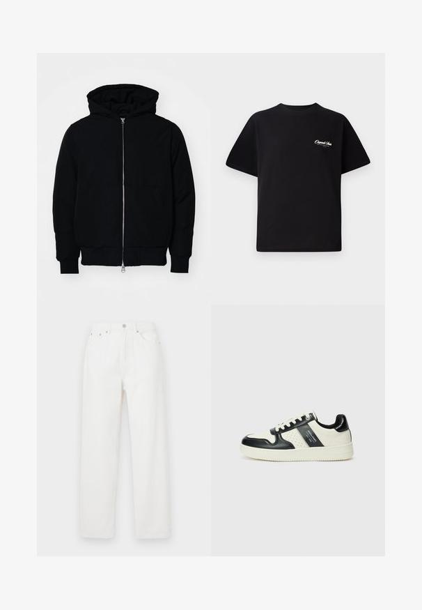 Veste à capuche noire avec fermeture éclair sur le devant, poche kangourou, poignets et ourlet côtelés, présentée sur un fond blanc uni.; T-shirt en coton noir avec col rond, manches courtes et petit texte logo blanc sur la poitrine gauche. Conception simple, coupe classique.; Pantalons en denim blanc à coupe ample, avec un design à cinq poches, une fermeture à bouton à l'avant et des jambes droites. Texture lisse, sans motifs visibles.; Baskets en cuir avec un schéma de couleurs noir et crème, dotées d'accents perforés, d'un col rembourré et d'une semelle texturée.