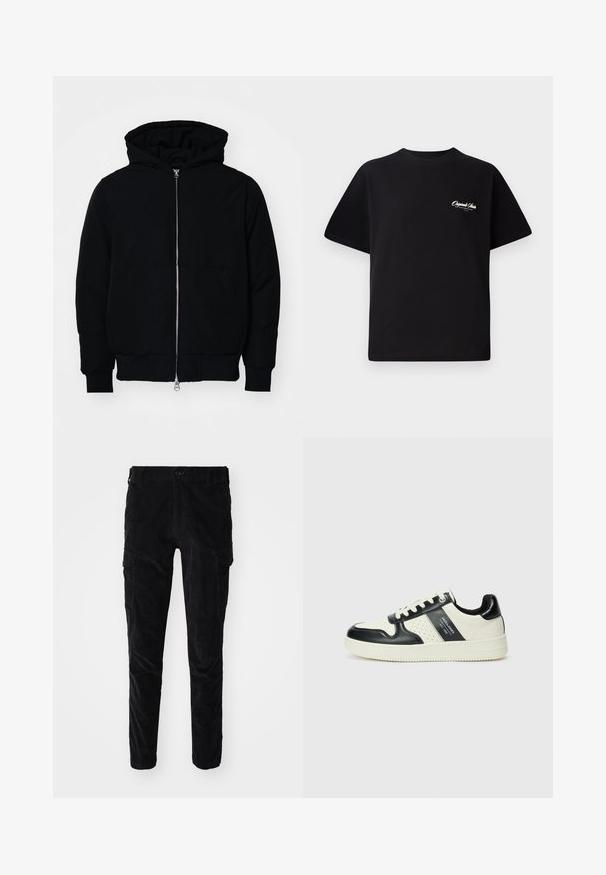 Melna kapucēta jaka ar priekšējo rāvējslēdzēju, kenguru kabatu, ribinātām aprocēm un apakšmalu, parādīta uz vienkārša balta fona.; Melnas kokvilnas t-krekls ar apaļu kakla izgriezumu, īsām piedurknēm un maziem baltiem logotipa uzrakstiem kreisajā krūšu daļā. Vienkāršs dizains, klasiskā piegriezne.; Melna kordūru bikses ar šauru piegriezumu, kurām sānos ir kravu kabatas un gluda tekstūra. Pabeigtas ar standarta pogu un rāvējslēdzēja aizdari.; Ādas sporta apavi ar melnbaltu krāsu shēmu, ar perforētiem akcentiem, mīkstinātu apkakli un teksturētu zoli.