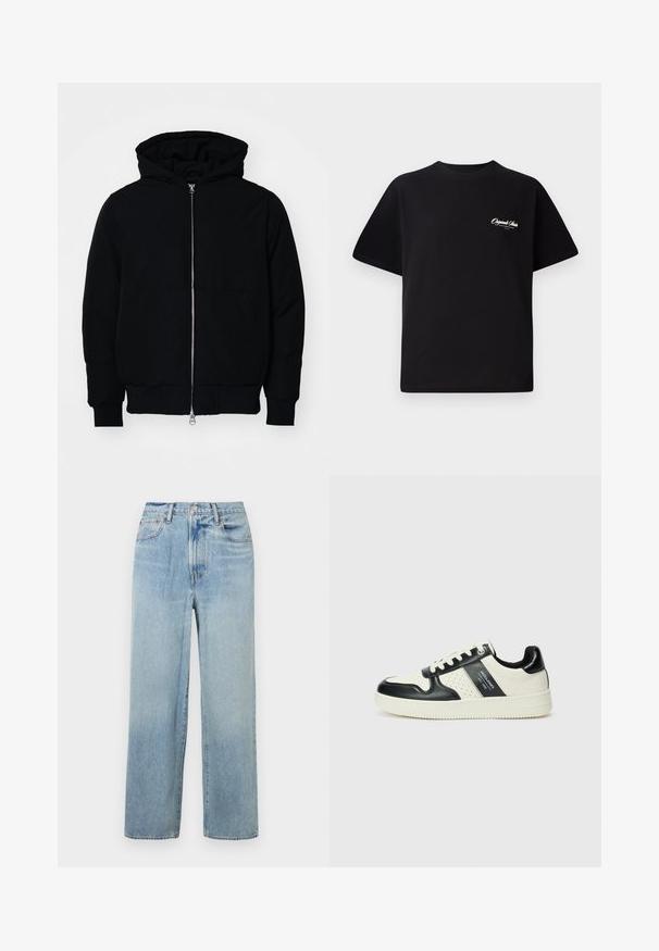 Crna kapuška jakna s prednjim zatvaračem, kenguru džepom, rebrastim manžetama i rubom, prikazana na običnoj bijeloj pozadini.; Crna pamučna majica s okruglim izrezom, kratkim rukavima i malim bijelim logotipom s lijeve strane na prsima. Jednostavan dizajn, klasičan kroj.; Svijetloplave traperice ravnog kroja s visokim strukom, s pet džepova i suptilnim izbljeđivanjem. Neobrubljeni rub i kontrastni detalji šivanja.; Kožne tenisice s crno-bijelom paletom boja, koje imaju perforirane akcentne detalje, podstavljeni ovratnik i teksturiranu potplat.