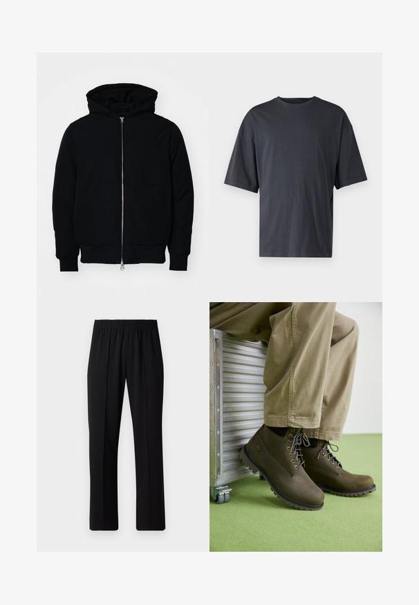 Mustaga kapuutsiga jakk, millel on esineed, kenguru tasku, soonikkoes, ja alläär, esitatud lihtsal valgel taustal.; Tumehall lühikeste varrukatega T-särk, mis on valmistatud kerge puuvilla segust, laia lõikega ja klassikalise ümmarguse kaelusega, täiesti sile ja ilma mustriteta.; Mustad, elastse puusärgid sirge säärega, mis on sileda tekstuuriga ja ilma nähtavate mustrite või riistadega.; Pruunid nahast põlvekõrgused saapad ümmarguste varvastega, hallide paeltega, tugevduste avadega ja tekstuuriga kummist taldadega, kombineeritud heledate khaki pükstega.