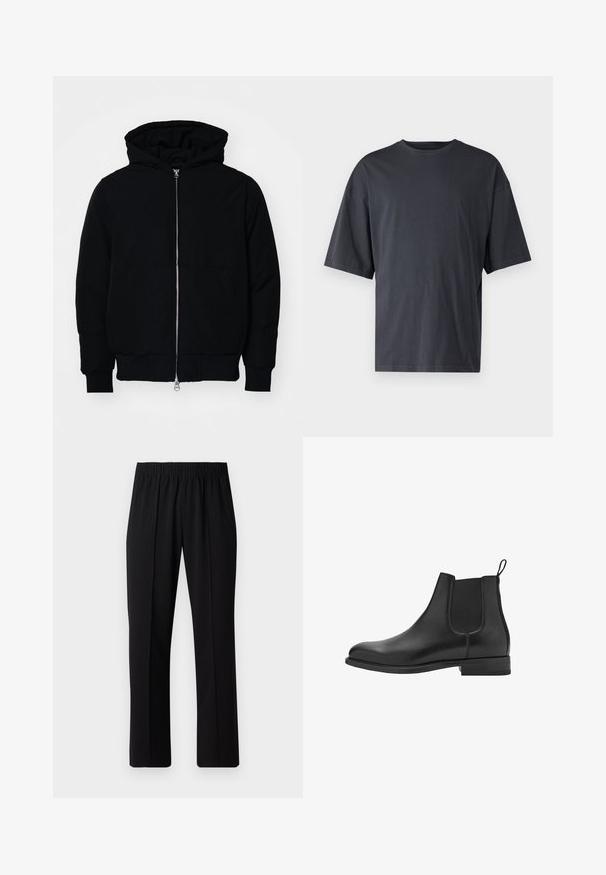 Chaqueta negra con capucha, cierre frontal, bolsillo tipo canguro, y puños y dobladillo acanalados, exhibida sobre un fondo blanco liso.; Camiseta de manga corta en gris oscuro, hecha de algodón ligero, con un corte holgado y un cuello redondo clásico, con textura lisa y sin patrones.; Pantalones negros con cintura elástica y diseño de pierna recta, con una textura suave y sin patrones o herrajes visibles.; Botas chelsea de cuero negro con paneles laterales elásticos, puntera redondeada y un tacón bajo. Textura suave y diseño limpio y minimalista.
