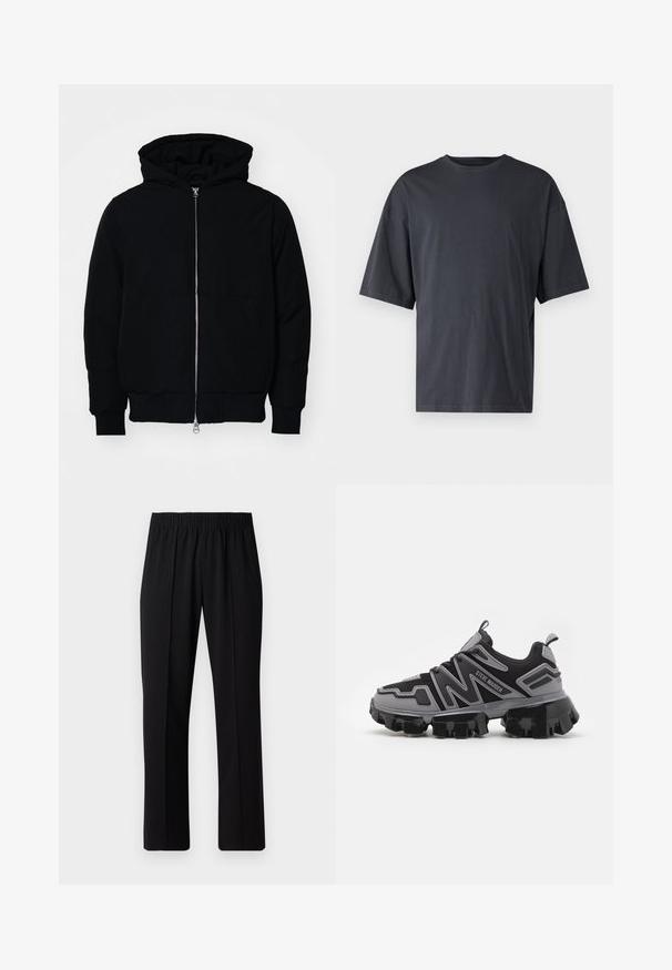 Svart hettejakke med frontglidelås, kengurulomme, ribbestrikket mansjetter og søm, vist på en ensfarget hvit bakgrunn.; Mørk grå kortermet t-skjorte laget av lett bomull, med løs passform og klassisk rund hals, med ensartet tekstur og uten mønstre.; Svart, elastisk midjebukser med rett ben-design, med en glatt tekstur og uten synlige mønstre eller maskinvare.; Steve Madden PRIVE - Joggesko - light grey