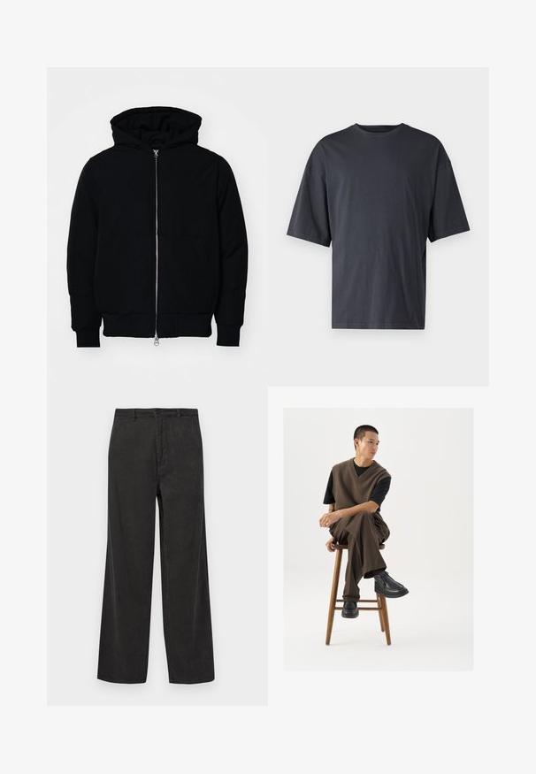 Mustaga kapuutsiga jakk, millel on esineed, kenguru tasku, soonikkoes, ja alläär, esitatud lihtsal valgel taustal.; Tumehall lühikeste varrukatega T-särk, mis on valmistatud kerge puuvilla segust, laia lõikega ja klassikalise ümmarguse kaelusega, täiesti sile ja ilma mustriteta.; Mustard pruunid puuvillased püksid laia sääre kujundusega, millel on vertikaalne ribatekstuur, lukuga ees, nupp kinnitamiseks ja ees taskud.; Pruun kudumvest musta T-särgi peal, kombinatsioonis pruunide laia säärega pükstega ja mustade massiivsete kingadega, istub puidust taburetil.