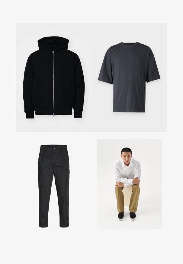 Melna kapucēta jaka ar priekšējo rāvējslēdzēju, kenguru kabatu, ribinātām aprocēm un apakšmalu, parādīta uz vienkārša balta fona.; Tumši pelēkas īsām piedurknēm T-krekls, izgatavots no viegla kokvilnas, ar brīvu piegriezumu un klasisku apaļu kakla izgriezumu, bez rakstiem un ar vienveidīgu faktūru.; Melnas kravas bikses, izgatavotas no izturīga auduma, ar vairākiem kabatām, pogu aizdari un šaura piegriezuma dizainu ar sašaurinātiem kāju apakšiem.; Balta krekla ar gaišām svītrām, haki bikses un melnas sporta kurpes. Modelis sēž uz kubikveida objekta, ar rokām saliktām ap ceļgaliem.
