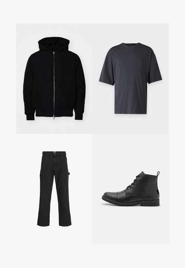 Mustaga kapuutsiga jakk, millel on esineed, kenguru tasku, soonikkoes, ja alläär, esitatud lihtsal valgel taustal.; Tumehall lühikeste varrukatega T-särk, mis on valmistatud kerge puuvilla segust, laia lõikega ja klassikalise ümmarguse kaelusega, täiesti sile ja ilma mustriteta.; Mustad seljandavad püksid puuvilla ja sünteetilise segu kangast. Omavad laiu jalgu, ees kaldus taskuid ning külgtaskut, millel on tarvikute jaoks silmus.; Must musta saapad, millel on tekstuuriga pind, ümmargune nina, kuus silmust paelte jaoks ja väike tõmbepross taga.