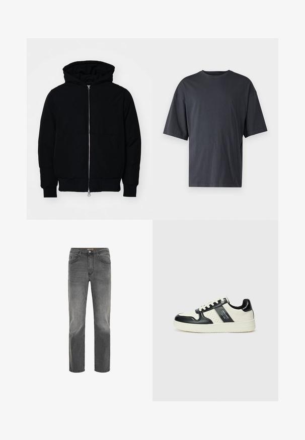 Black hooded jacket with front zipper, kangaroo pocket, ribbed cuffs, and hem, displayed on a plain white background.; Dark gray short-sleeve t-shirt made of lightweight cotton, featuring a loose fit and classic crew neckline, with plain texture and no patterns.; Gray denim jeans with a straight cut, five-pocket design, and a subtle faded finish. Features a button and zipper closure.; Leather sneakers with a black and cream color scheme, featuring perforated accents, a padded collar, and a textured outsole.