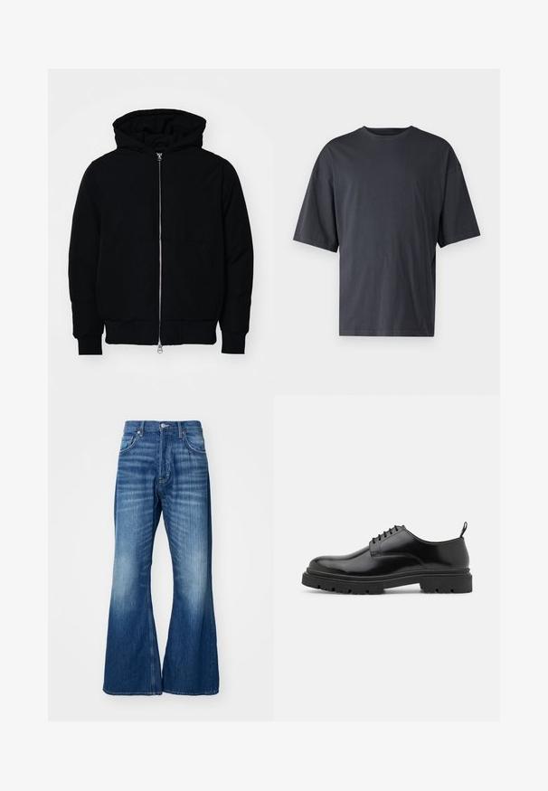 Black hooded jacket with front zipper, kangaroo pocket, ribbed cuffs, and hem, displayed on a plain white background.; Dark gray short-sleeve t-shirt made of lightweight cotton, featuring a loose fit and classic crew neckline, with plain texture and no patterns.; Weekday TIME LOOSE - Straight leg jeans - mine blue; Black leather lace-up shoes with a rounded toe, smooth texture, and ridged rubber sole. Features a small heel and a pull tab at the back.