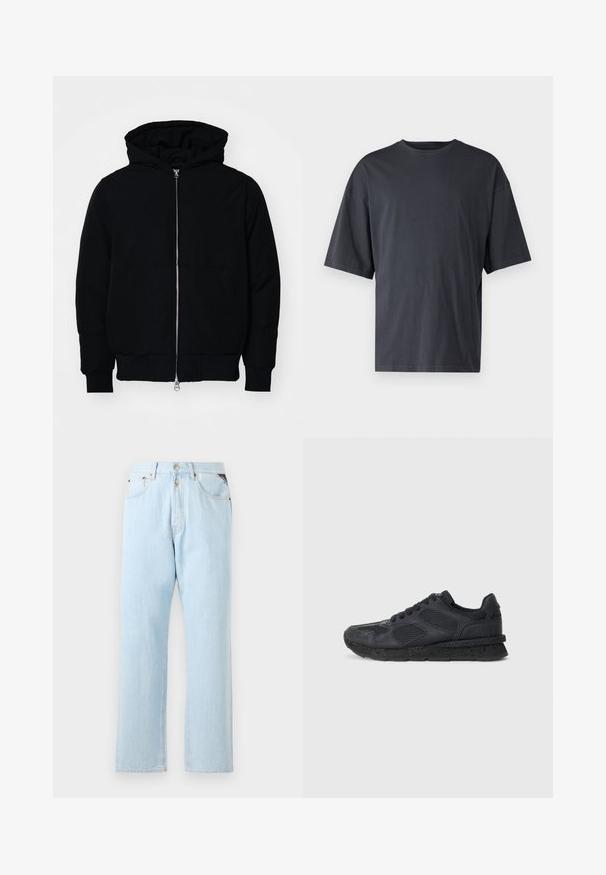 Giacca nera con cappuccio, dotata di zip frontale, tasca a marsupio, polsini e orlo a coste, esposta su uno sfondo bianco semplice.; T-shirt corto a maniche corte di colore grigio scuro realizzato in cotone leggero, con vestibilità ampia e colletto girocollo classico, caratterizzato da una texture liscia e senza motivi.; Jeans in denim azzurro chiaro con design a gamba dritta. Presentano una chiusura con bottone e zip, cinque tasche e cuciture a contrasto.; Replay ARTHUR ATOM - Sneakers basse - black