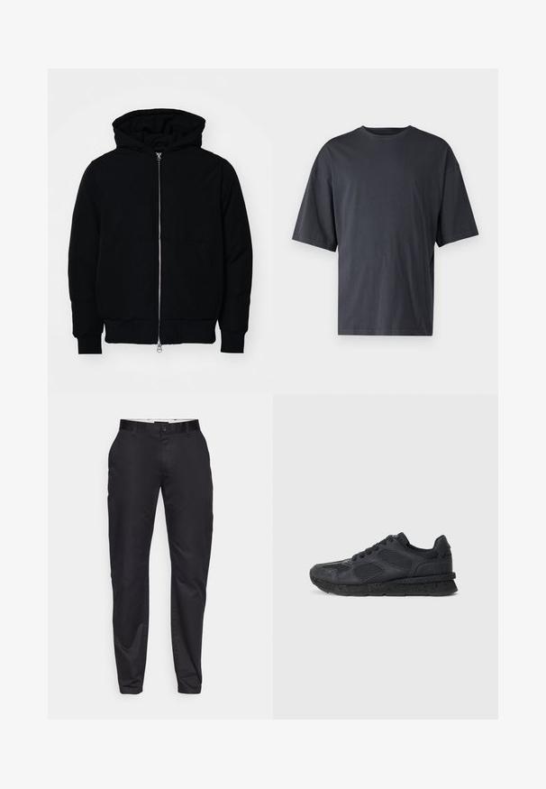 Jachetă neagră cu glugă, cu fermoar în față, buzunar tip kangaroo, mansete și tiv ribbed, prezentată pe un fundal alb simplu.; Tricou scurt din bumbac ușor, de culoare gri închis, cu un croi lejer și guler clasic la baza gâtului, având o textură simplă și fără modele.; Pantaloni negri cu croială slim, având un front drept, paspoale pentru curea și închidere cu un singur nasture. Material neted cu o strălucire minimă.; Replay ARTHUR ATOM - Sneakers low - black
