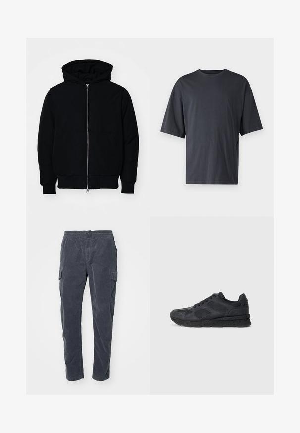 Juodas gobtuvėlis su priekiniu užtrauktuku, kengūros tipo kišene, lygiais rankogaliais ir apvadu, pateiktas ant vientiso balto fono.; Tamsiai pilkas trumpas rankovėmis marškinėliai, pagaminti iš lengvos medvilnės, su laisvu kirpimu ir klasikinės apvalios iškirptės dizainu, be raštų ir su vientisu paviršiumi.; Tamsiai pilki cargo kelnės su elastingu juosmeniu, šoninėmis kišenėmis ir minkštos, tekstūruotos medžiagos. Tiesios kojos dizainas su minimaliais detalėmis.; Replay ARTHUR ATOM - Sportbačiai - black