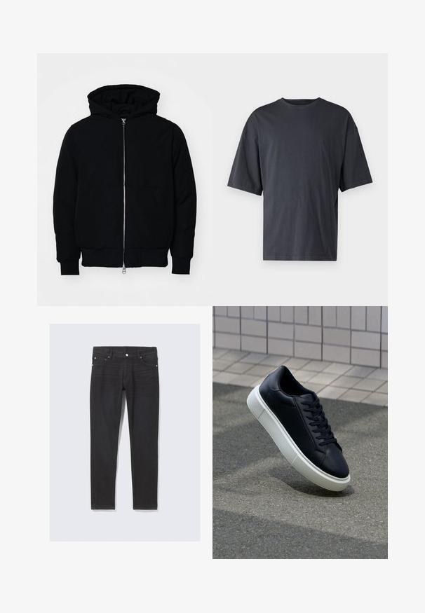 Veste à capuche noire avec fermeture éclair sur le devant, poche kangourou, poignets et ourlet côtelés, présentée sur un fond blanc uni.; T-shirt à manches courtes gris foncé en coton léger, avec une coupe ample et un col rond classique, présentant une texture unie et sans motifs.; Jeans en denim noir à coupe slim, avec poches avant, braguette à boutons et détails de couture subtils le long des coutures latérales.; Baskets noires en cuir avec bout arrondi et semelle en caoutchouc blanc. Elles présentent des lacets plats et une couture minimale sur la tige. Semelle texturée pour une bonne adhérence.