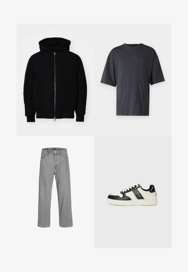 Fekete kapucnis dzseki elülső cipzárral, kenguruzsebbel, bordázott mandzsettákkal és aba, egy sima fehér háttér előtt.; Sötét szürke, rövid ujjú póló, könnyű pamutból készült, laza szabással és klasszikus kerek nyakkivágással, sima textúrájú és minták nélküli.; Szürke farmernadrág laza, bő szabással. Hagyományos öt zsebes kialakítással és gombos záródással a deréknál.; Fekete és krém színű bőrsneaker, perforált díszítésekkel, párnázott bokapánttal és texturált talppal.