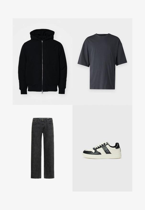 Mustaga kapuutsiga jakk, millel on esineed, kenguru tasku, soonikkoes, ja alläär, esitatud lihtsal valgel taustal.; Tumehall lühikeste varrukatega T-särk, mis on valmistatud kerge puuvilla segust, laia lõikega ja klassikalise ümmarguse kaelusega, täiesti sile ja ilma mustriteta.; Mustast denimist valmistatud vaba lõikega teksad, sirged sääred, viie-tasku disain ja õrnalt tuhm tekstuur. Sisaldab nööpi ja tõmblukku.; Nahatud nahkkingad musta ja kreemi värviskeemiga, millel on perforeeritud aktsendid, pehme krae ja tekstureeritud tallad.