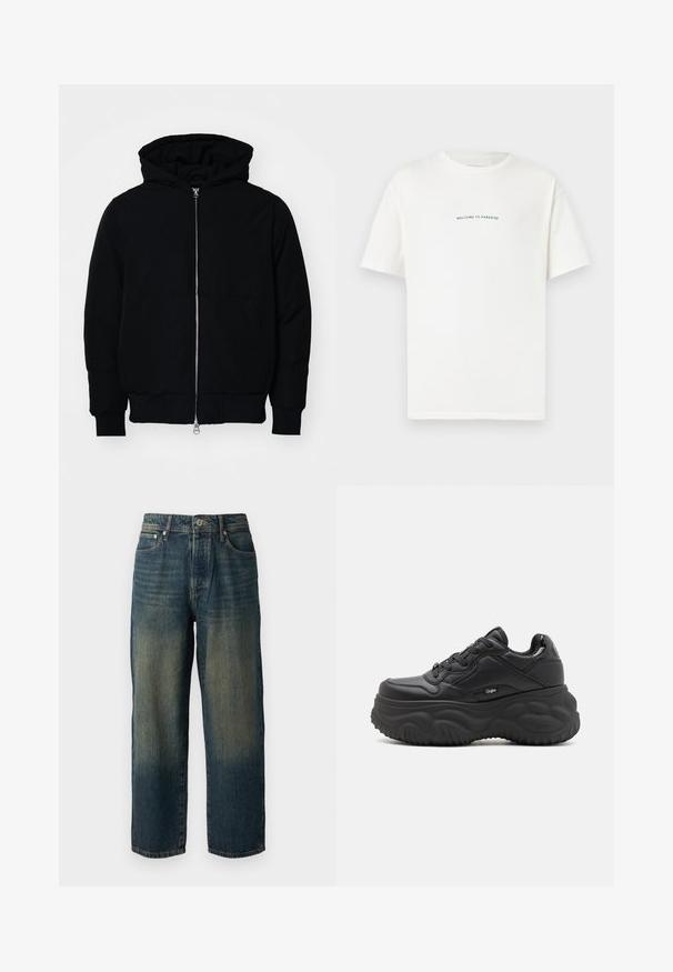 Fekete kapucnis dzseki elülső cipzárral, kenguruzsebbel, bordázott mandzsettákkal és aba, egy sima fehér háttér előtt.; Fehér pamut póló rövid ujjal és kerek nyakkal. Középre elhelyezett szöveg olvasható: "ÜDVÖZÖLJÜK A PARADICSOMBAN" íves zöld betűtípussal.; Kék farmernadrág egyenes szabással, elhasználódott dizájnnal, a szár aljához közel világosabb árnyalatokkal, öt zsebbel és gombbal záródik.; Fekete platform tornacipők, szintetikus anyagból készültek, lekerekített formával, texturált talppal és kontrasztos fűző részletekkel. Logó az oldalon.