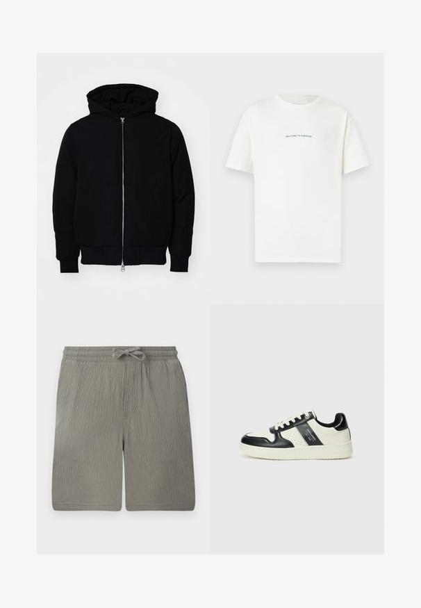 Mustaga kapuutsiga jakk, millel on esineed, kenguru tasku, soonikkoes, ja alläär, esitatud lihtsal valgel taustal.; Valge puuvillane T-särk lühikeste varrukatega ja ümar kaelus. Keskel on tekst "TERE TULEMA PARADISSE" kaardus rohelises fondis.; Kerged hallid lühikesed püksid, mis on valmistatud tekstuurilisest kangast. Omavad elastset vööd, nööriga ja küljetaskut. Lihtne, sirge lõikega disain.; Nahatud nahkkingad musta ja kreemi värviskeemiga, millel on perforeeritud aktsendid, pehme krae ja tekstureeritud tallad.