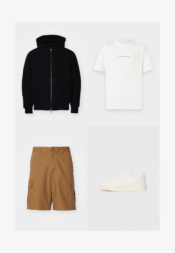 Svart hettejakke med frontglidelås, kengurulomme, ribbestrikket mansjetter og søm, vist på en ensfarget hvit bakgrunn.; Hvit bomull t-skjorte med korte ermer og rund hals. Midt på t-skjorten står teksten "VELKOMMEN TIL PARADIS" i en buet grønn skrift.; Brune cargo shorts med teksturert stoff, knappelukking, sidelommer og rett snitt. Midjen har beltehemper for justerbar passform.; Hvite slip-on joggesko med teksturert overflate, tykk såle og minimalistisk design. Har merkevarelogo på siden.