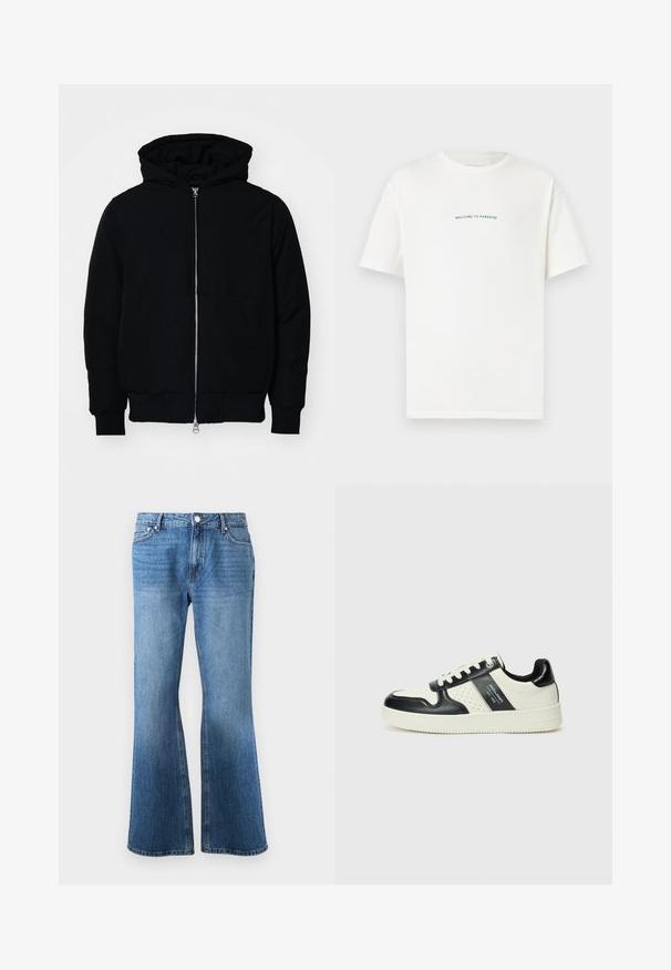 Black hooded jacket with front zipper, kangaroo pocket, ribbed cuffs, and hem, displayed on a plain white background.; White cotton t-shirt with short sleeves and a crew neck. Centered text reads "WELCOME TO PARADISE" in a curved green font.; Blue denim jeans with a high waist and wide-leg cut, featuring front pockets, belt loops, and a button closure.; Leather sneakers with a black and cream color scheme, featuring perforated accents, a padded collar, and a textured outsole.