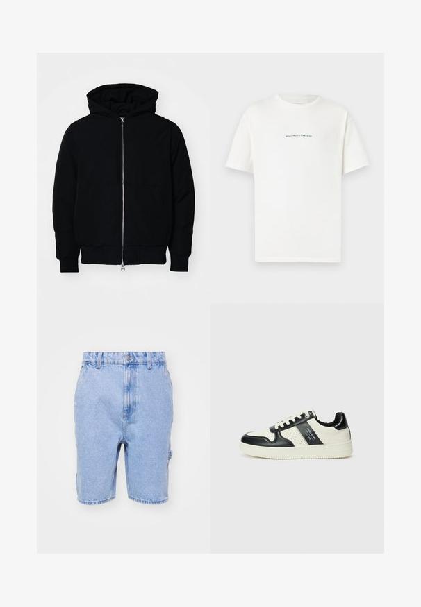 Svart hettejakke med frontglidelås, kengurulomme, ribbestrikket mansjetter og søm, vist på en ensfarget hvit bakgrunn.; Hvit bomull t-skjorte med korte ermer og rund hals. Midt på t-skjorten står teksten "VELKOMMEN TIL PARADIS" i en buet grønn skrift.; Lyseblå denimshorts med vanlig passform, beltehemper i midjen, frontlommer og subtile falming detaljer.; Lædersneakers med sort og creme farveskema, der har perforerede detaljer, en polstret krave og en struktureret ydersål.