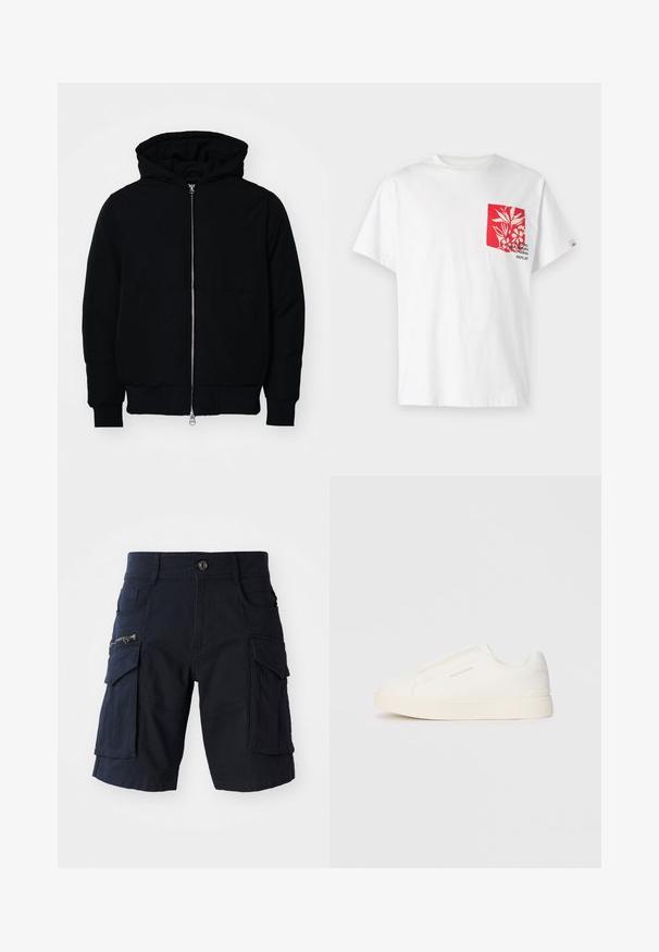 Mustat huppu-untuvatakki, jossa on vetoketju edessä, kenguru-tasku, ribatut hihansuut ja helma, esillä yksinkertaisella valkoisella taustalla.; Valkoinen puuvillapaita, jossa on punainen kukkakuosinen tasku ja teksti. Lyhyet hihat, pyöreä kaula-aukko ja rento istuvuus.; Lahkeet navy cargo yang menampilkan banyak kantong, termasuk kantong samping dengan resleting, bahan yang kuat, potongan lurus, dan desain sepanjang lutut.; Valkoiset liukusukat, joissa on teksturoitu pinta, paksu pohja ja minimalistikot. Sivulla on brändin logo.