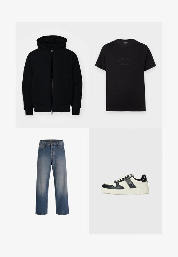 Čierna kapucňová bunda s predným zipsom, klokaními vreckami, rebrovanými manžetami a lemom, zobrazená na bielom pozadí.; Čierne bavlnené tričko s krátkymi rukávmi a okrúhlym výstrihom. Na prednej strane sa nachádza embosovaný nápis "ORIGINALS Studio" v tónovaných písmenách.; Modré riflové nohavice s voľným strihom, so zvyšeným dizajnom, piatimi vreckami, pútkami na opasok a zapínaním na gombík a zips.; Kožené tenisky v čierno-krémovej farbe, s perforovanými akcentmi, polstrovaným golierom a štruktúrovanou podrážkou.