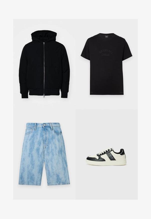 Black hooded jacket with front zipper, kangaroo pocket, ribbed cuffs, and hem, displayed on a plain white background.; Black cotton t-shirt with short sleeves and a round neckline. Features "ORIGINALS Studio" embossed in tonal lettering on the front.; Light blue denim shorts with a faded wash, featuring a standard waistband, front pockets, and a loose fit. No visible patterns or hardware.; Leather sneakers with a black and cream color scheme, featuring perforated accents, a padded collar, and a textured outsole.