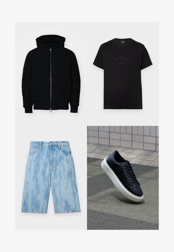 Fekete kapucnis dzseki elülső cipzárral, kenguruzsebbel, bordázott mandzsettákkal és aba, egy sima fehér háttér előtt.; Fekete pamut póló rövid ujjakkal és kerek nyakkivágással. Az elején tónusos betűkkel a "ORIGINALS Studio" felirat látható.; Világoskék farmer rövidnadrág, elhalványult mosással, standard derékkal, elülső zsebekkel és laza szabással. Nincsenek látható minták vagy fém alkatrészek.; Fekete bőr sportcipő lekerekített orral és fehér gumitalppal. Lapos fűzőkkel és minimális varrásokkal rendelkezik a felsőrészén. Mintás talp a tapadásért.