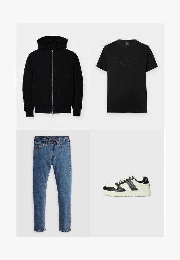 Mustaga kapuutsiga jakk, millel on esineed, kenguru tasku, soonikkoes, ja alläär, esitatud lihtsal valgel taustal.; Must t-särk lühikeste varrukatega ja ümmarguse kaelusega. Esiküljel on hõbedaselt kirjeldatud "ORIGINALS Studio".; Sinine denimpüksid otse lõikega, viie taskuga, oranži õmblusega ning klassikalise nööbiga ja tõmblukuga sulgemine. Kulunud tekstuur jalgade külgedel.; Nahatud nahkkingad musta ja kreemi värviskeemiga, millel on perforeeritud aktsendid, pehme krae ja tekstureeritud tallad.