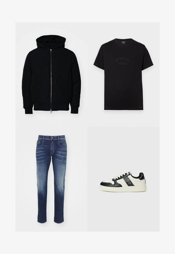 Svart hettejakke med frontglidelås, kengurulomme, ribbestrikket mansjetter og søm, vist på en ensfarget hvit bakgrunn.; Svart bomullst-skjorte med korte ermer og rund halslinning. Den har "ORIGINALS Studio" preget i tonede bokstaver foran.; Mørkeblå denimjeans med rett ben-design, lett falming, fem lommer, knappelukking og sømmer med broderte detaljer.; Lædersneakers med sort og creme farveskema, der har perforerede detaljer, en polstret krave og en struktureret ydersål.