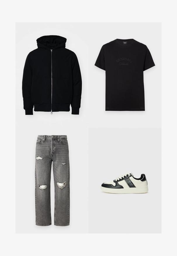 Mustaga kapuutsiga jakk, millel on esineed, kenguru tasku, soonikkoes, ja alläär, esitatud lihtsal valgel taustal.; Must t-särk lühikeste varrukatega ja ümmarguse kaelusega. Esiküljel on hõbedaselt kirjeldatud "ORIGINALS Studio".; Hallid denim teksased, mis on lõdva istuvusega, põlvede lõhikud ja klassikaline viie tasku disain, lisaks lukuga sulgemine.; Nahatud nahkkingad musta ja kreemi värviskeemiga, millel on perforeeritud aktsendid, pehme krae ja tekstureeritud tallad.