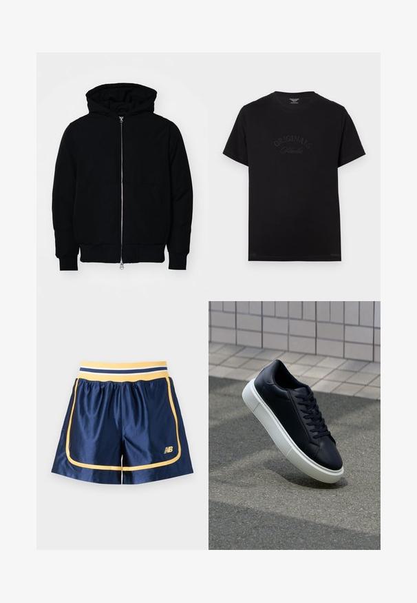 Mustaga kapuutsiga jakk, millel on esineed, kenguru tasku, soonikkoes, ja alläär, esitatud lihtsal valgel taustal.; Must t-särk lühikeste varrukatega ja ümmarguse kaelusega. Esiküljel on hõbedaselt kirjeldatud "ORIGINALS Studio".; Tumed sportlikud lühikesed püksid, millel on kollased detailid, elastne vöökoht ja külgõmblused. Valmistatud siledast ja kergest materjalist.; Mustast nahast tennisetoss, millel on ümar nina ja valge kummist tall. Omab siredaid paelu ja minimaalset õmblemist ülemises osas. Tekstuuriga tald, mis tagab haakuvuse.