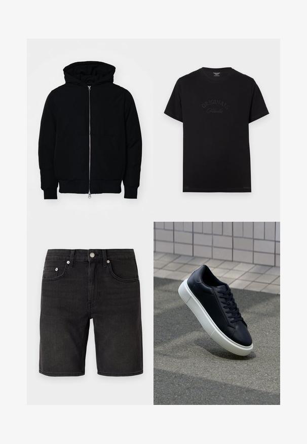 Black hooded jacket with front zipper, kangaroo pocket, ribbed cuffs, and hem, displayed on a plain white background.; Black cotton t-shirt with short sleeves and a round neckline. Features "ORIGINALS Studio" embossed in tonal lettering on the front.; Black denim shorts featuring a classic five-pocket design, metal button, and subtle stitching details. Smooth texture, knee-length fit.; Black leather sneaker with rounded toe and white rubber sole. Features flat laces and minimal stitching on the upper. Textured sole for grip.