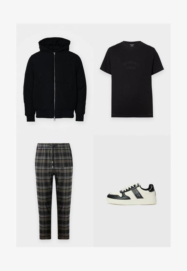 Black hooded jacket with front zipper, kangaroo pocket, ribbed cuffs, and hem, displayed on a plain white background.; Black cotton t-shirt with short sleeves and a round neckline. Features "ORIGINALS Studio" embossed in tonal lettering on the front.; Black plaid pants with gray and olive green patterns. Features an elastic waistband with a drawstring and tapered legs. Soft fabric texture.; Leather sneakers with a black and cream color scheme, featuring perforated accents, a padded collar, and a textured outsole.