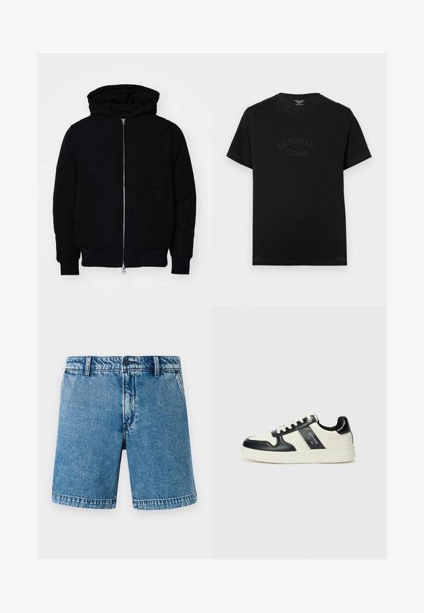 Črna kapuca jakna s sprednjim zadrgo, kenguru žepom, rebrastimi manšetami in hemom, razstavljena na enostavni beli ozadju.; Črna bombažna majica s kratkimi rokavi in okroglo izrezom. Na sprednjem delu je v tonečih črkami embosirano "ORIGINALS Studio".; Denim kratke hlače v svetlo modri barvi z sproščenim krojem. Imajo standardno zasnovo s petimi žepi, gumbasto zapiranje ter obrobljene robove z rahlim bledenjem.; Usnjeni športni čevlji z črno in krem barvno shemo, ki vključujejo perforirane dodatke, podložen ovratnik in strukturirano podplat.